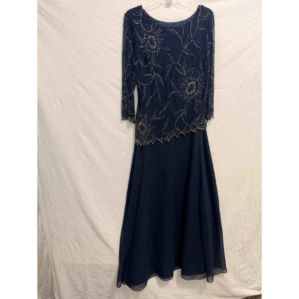 Navy Blue Beaded Floral Chiffon Evening Gown Formal Maxi Dress 3/4 Sleeve